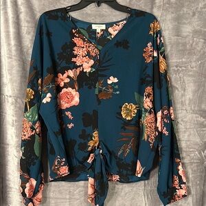 Umgee Floral Tie Front Long Sleeve Blouse